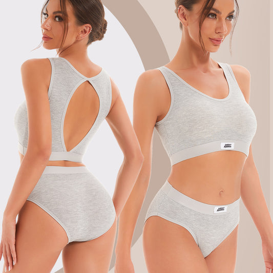 Hollowed-Back Cotton U-Neck Sports Bra & Shorts Set